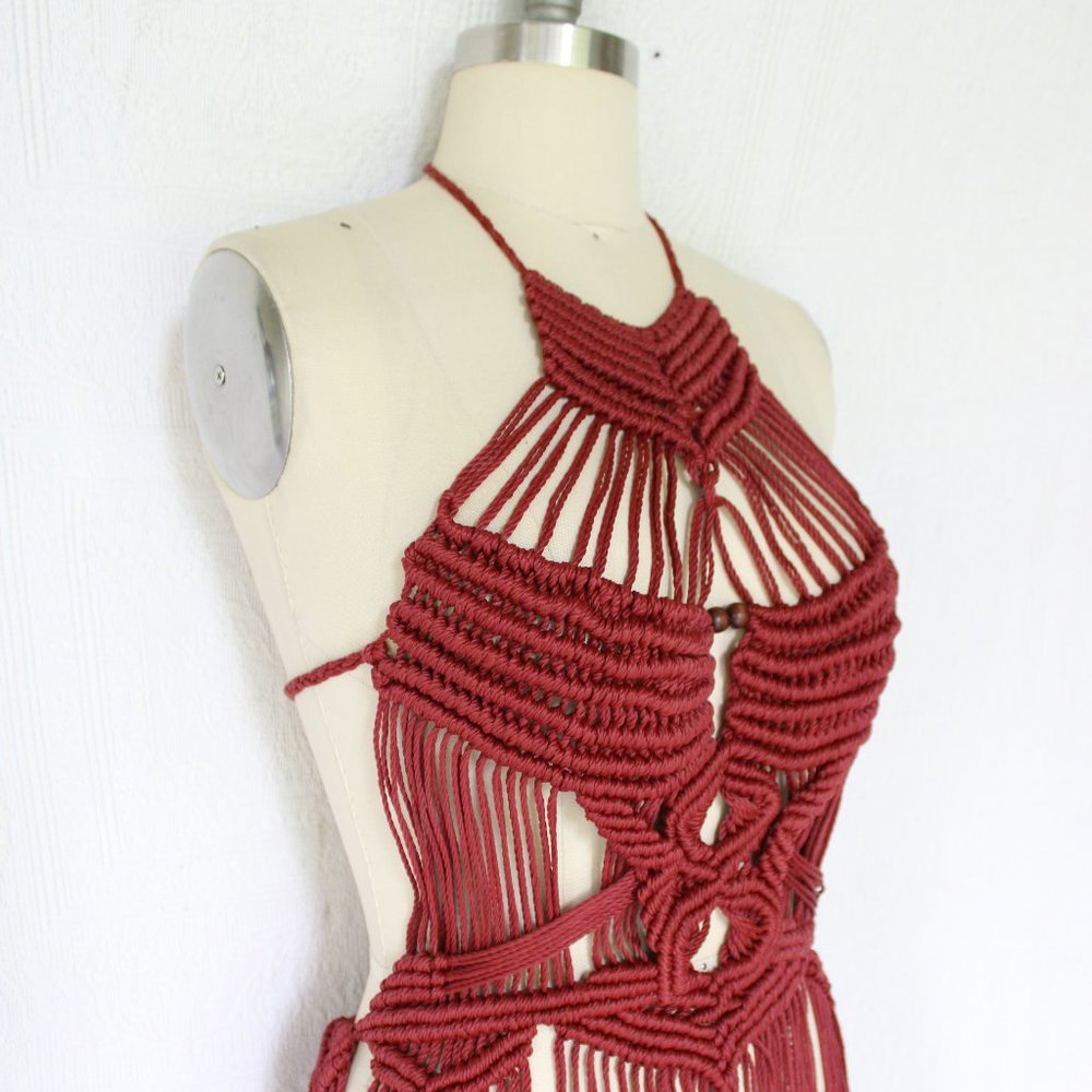 Vintage 60s hippie MACRAME crochet halter tunic dress fringe beaded Free People - Picture 8 of 11